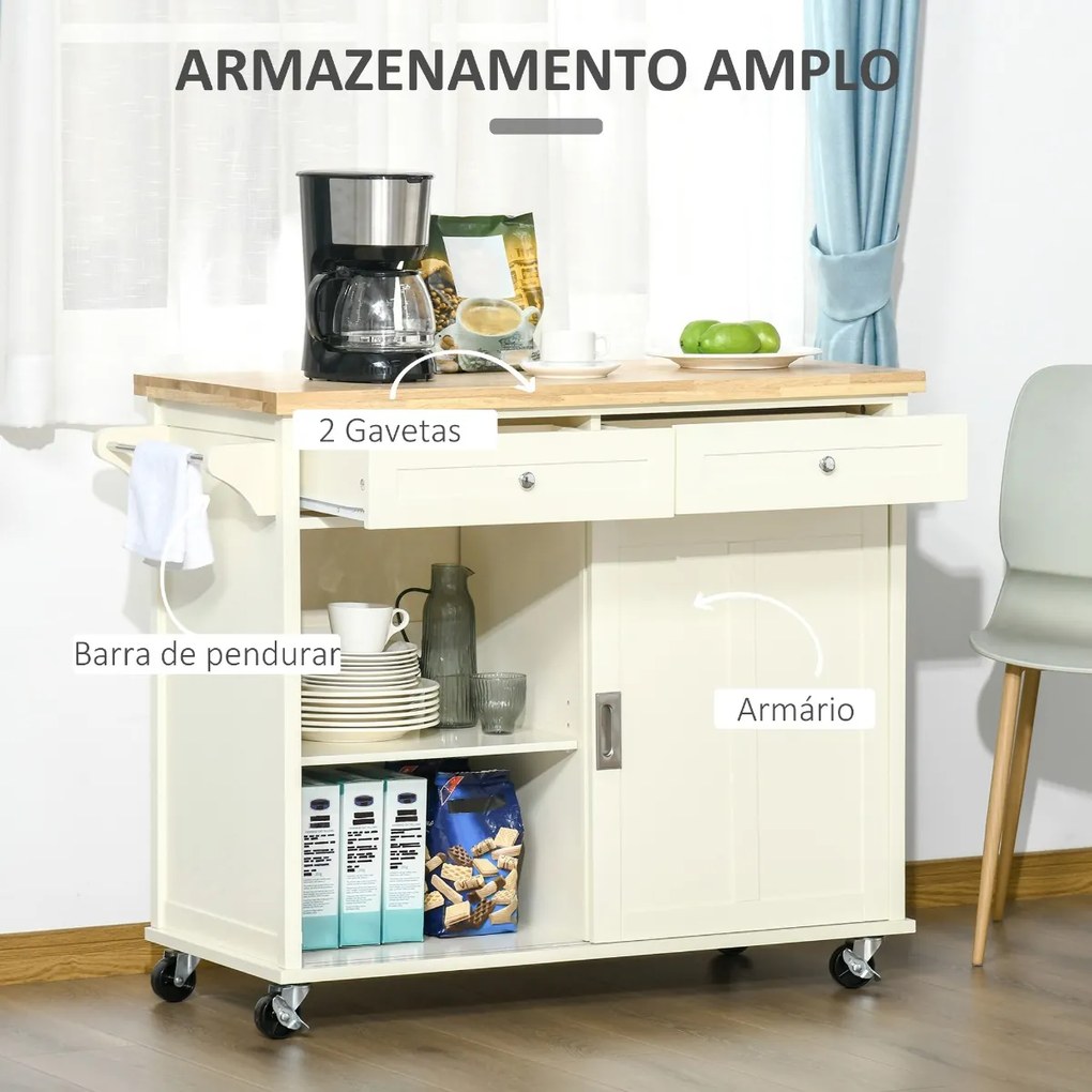 Carrinho de Cozinha com 2 Armários Porta Corredeira 2 Gavetas e Barra para Panos Móvel Aparador com Rodas para Sala de Jantar 110x49,5x89,5cm Creme