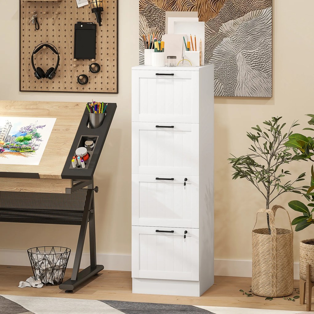 Arquivador escritório 40 x 40 x 131 cm móvel de arrumação em madeira com 4 gavetas e fechadura, varões de suspensão ajustáveis, branco