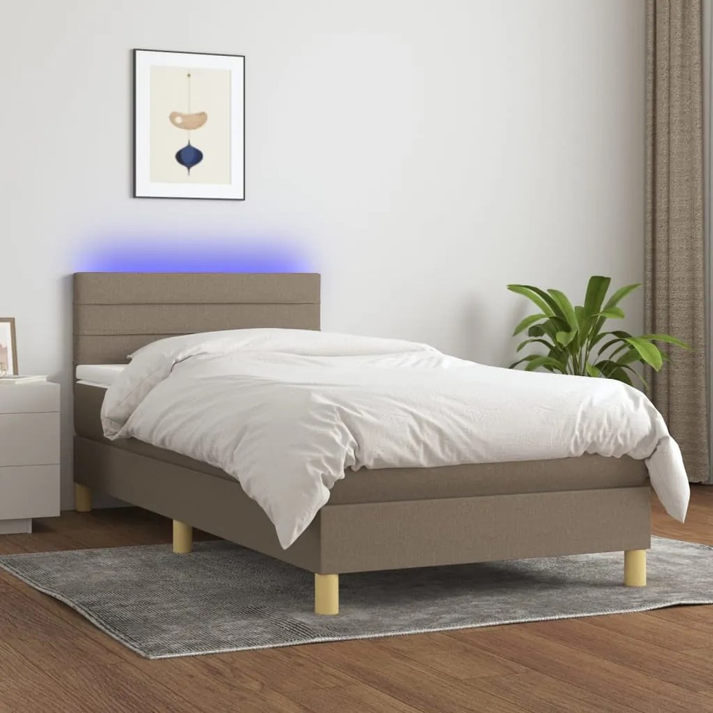 Cama box spring + colchão/LED 90x200cm tecido cinza-acastanhado