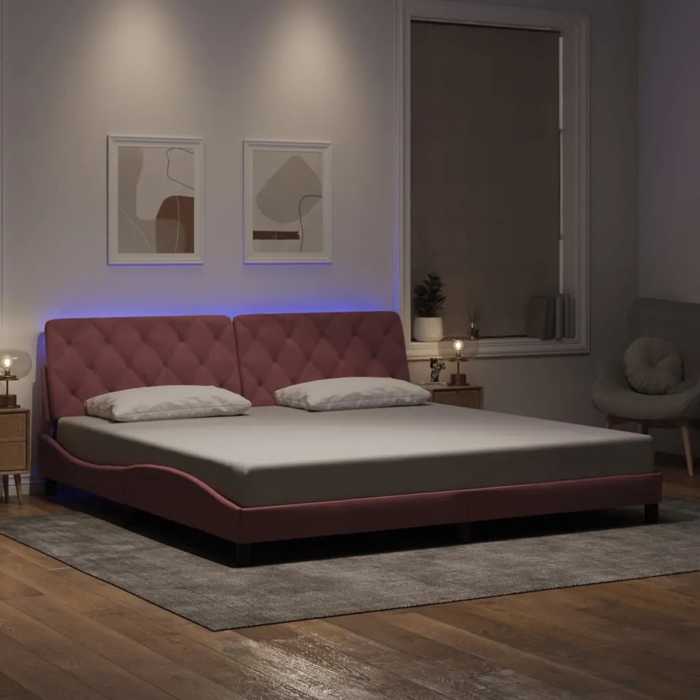 Estrutura de cama c/ luzes LED 200x200 cm veludo rosa