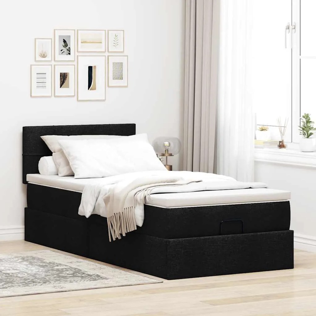 Cama otomana com colchão 100x200 cm tecido preto
