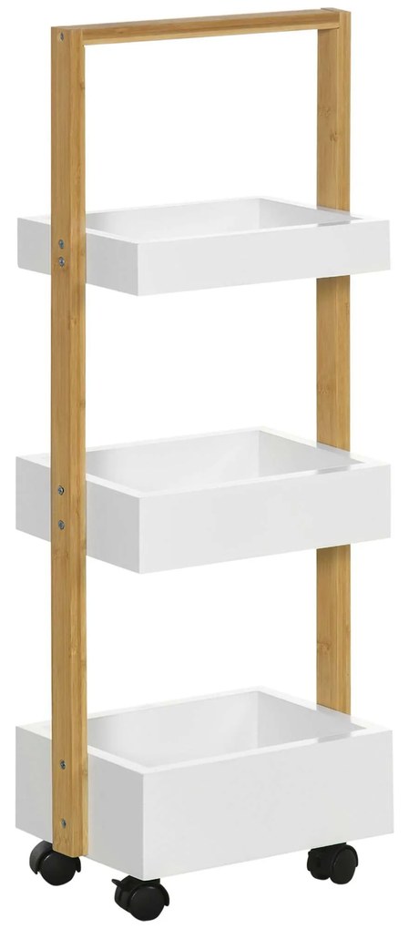 HOMCOM Carrinho Casa de Banho Bambu com Rodas 3 Cestos Armazenamento Espaço Otimizado 28x18x75 cm Branco Madeira