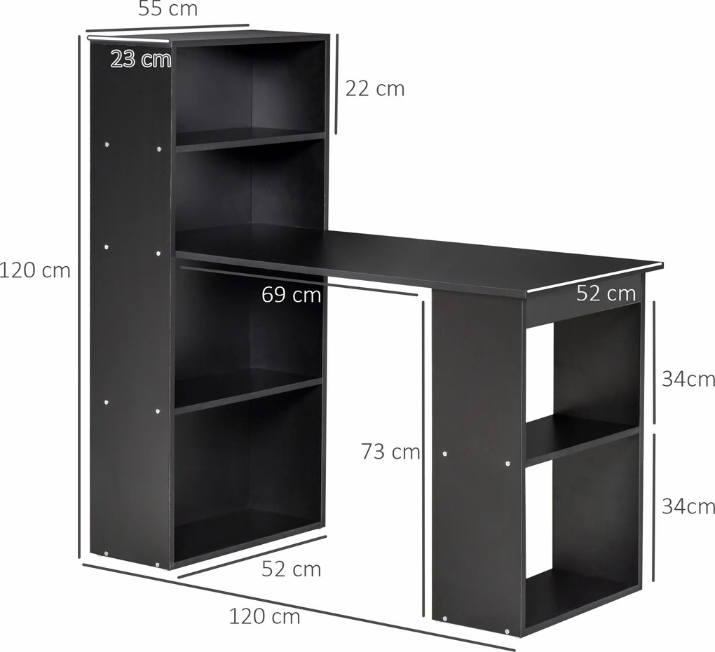 Secretária com arrumação, 6 compartimentos abertos 120 x 55 x 120 cm, preta