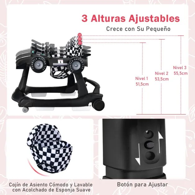 Andador 4 em 1 para crianças, dobrável, atividade de empurrar, com altura ajustável e carrilhão de velocidade com luzes, volante Preto
