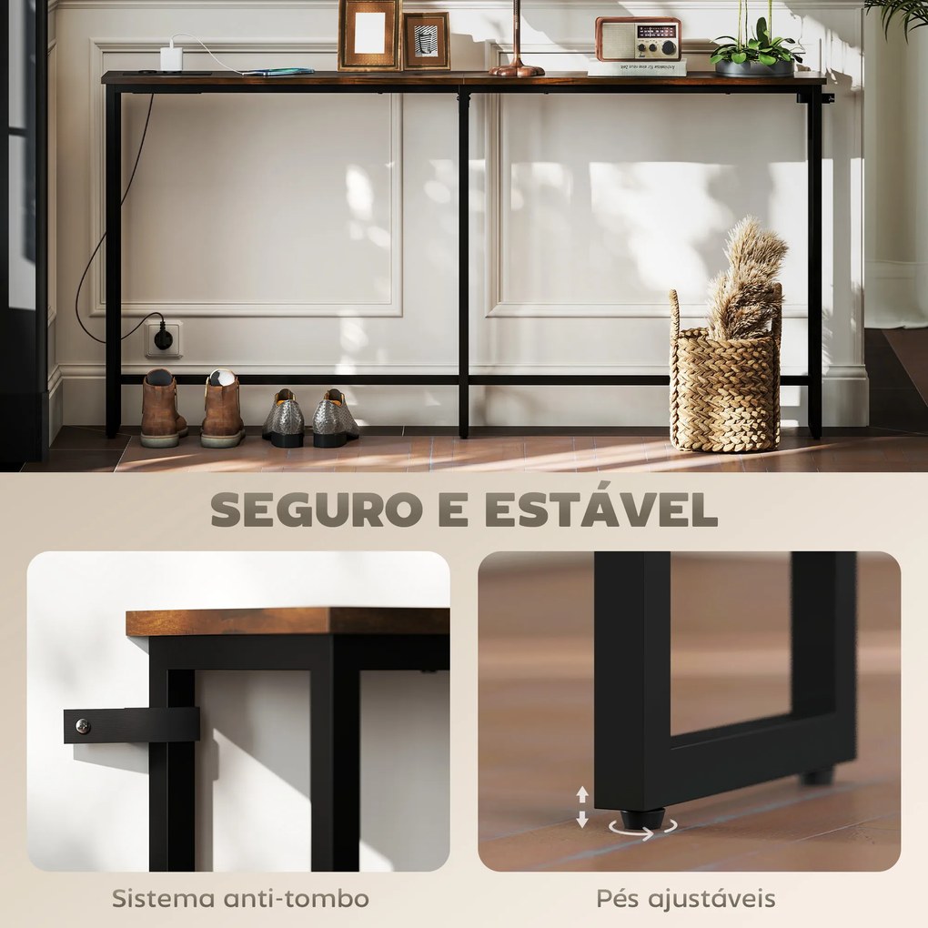 Mesa de Consola Estreita Consola com Estação de Carga Estrutura de Aço Estilo Industrial para 160x20x80 cm Castanho Rústico