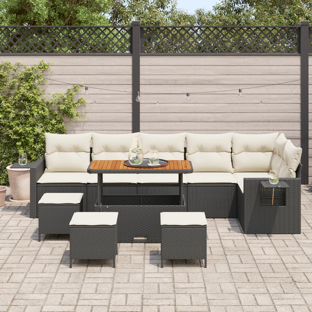 Conjunto de Sofás de Jardim de 10 Peças vidaXL com Almofadas Preto Rat