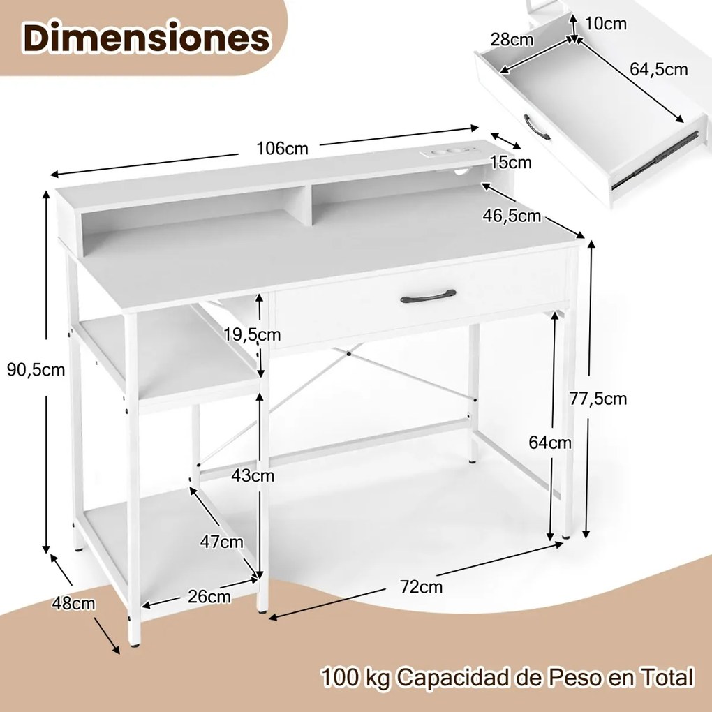 Secretária para computador 106 x 48 x 90 cm com tomadas com armário superior, gaveta e 2 prateleiras abertas Estrutura branca