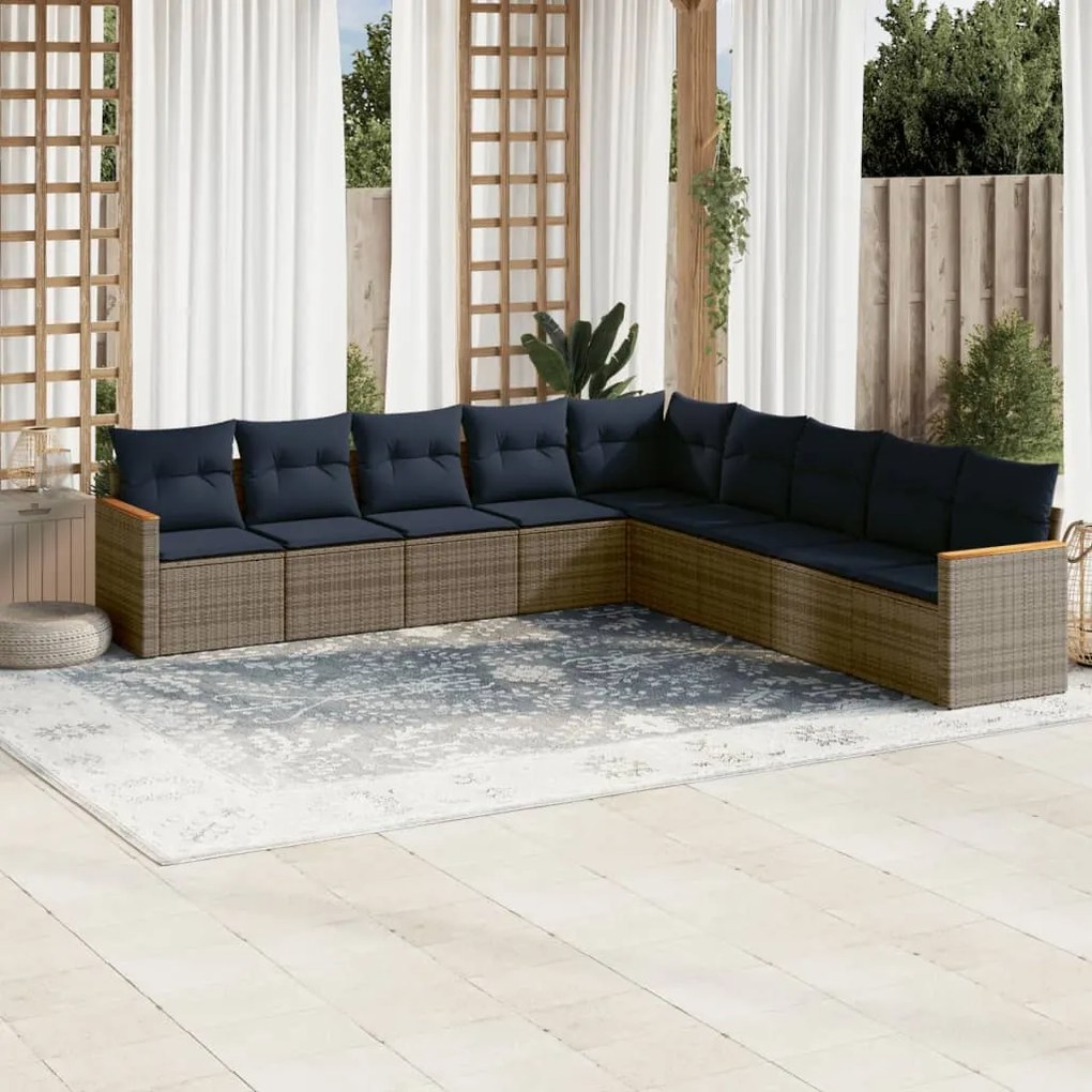 vidaXL 9 pcs conjunto sofás p/ jardim c/ almofadões vime PE cinzento