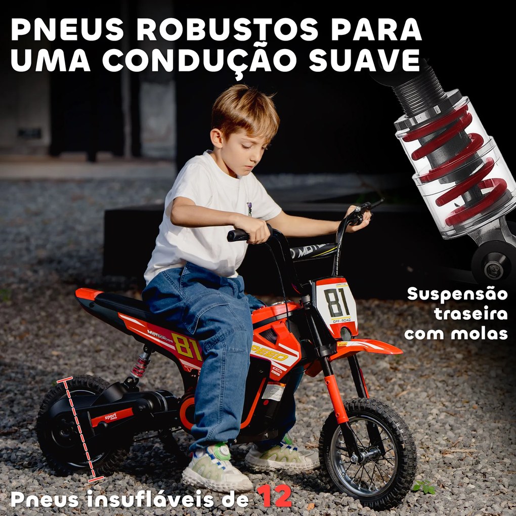 Mota Elétrica para Crianças 24V com Motor 250W Velocidade de 6-16km/h Rodas de 30,5 cm para Crianças de 8-12 Anos Vermelho