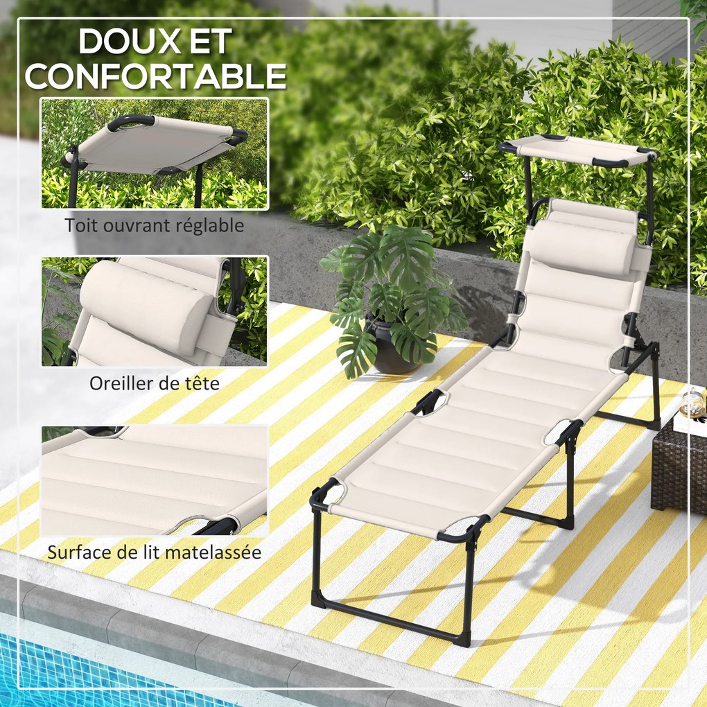 Conjunto de 2 espreguiçadeiras dobráveis de grande conforto, com encosto e capota ajustáveis em várias posições, cor creme