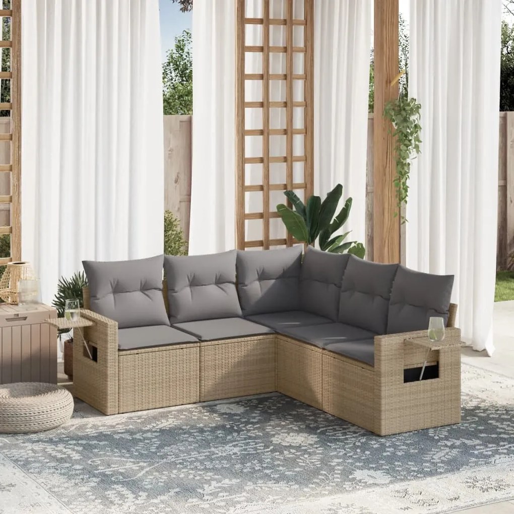 5 pcs conjunto de sofás p/ jardim com almofadões vime PE bege