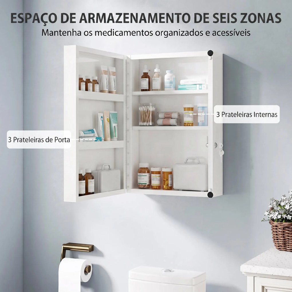 Armário de Medicamentos de Parede com 6 Compartimentos Fechadura e 2 Chaves para Casa de Banho e Cozinha 40x18x60 cm Branco
