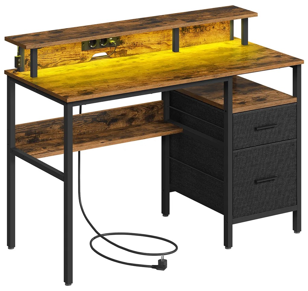 Secretária escritório com gavetas, com iluminação LED, 2 tomadas e 2 portas USB 120 x 90 x 55 Cm castanho vintage