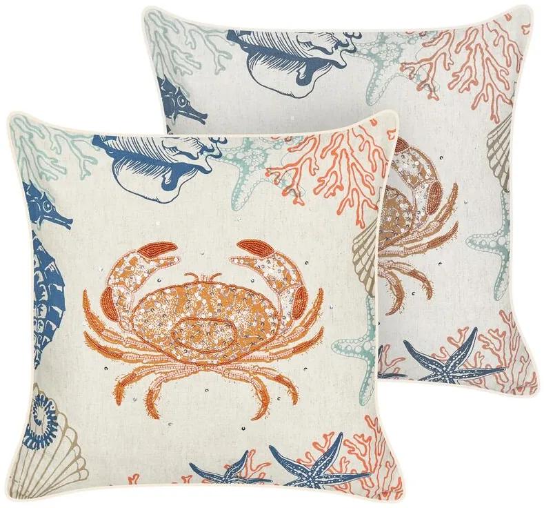 Conjunto de 2 almofadas decorativas com motivo de caranguejo em linho creme 45 x 45 cm SARGASSUM Beliani