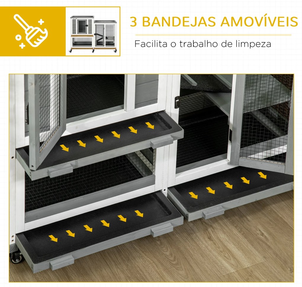 Coelheira de Madeira Interior Gaiola para Coelhos de 2 Níveis com Rodas 2 Rampas 3 Bandejas Amovíveis 110x50x86 cm Cinza