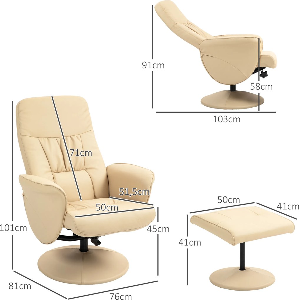 Poltrona Reclinável com Apoio para os Pés, 76 x 81 x 101 cm, Rotação a 360°