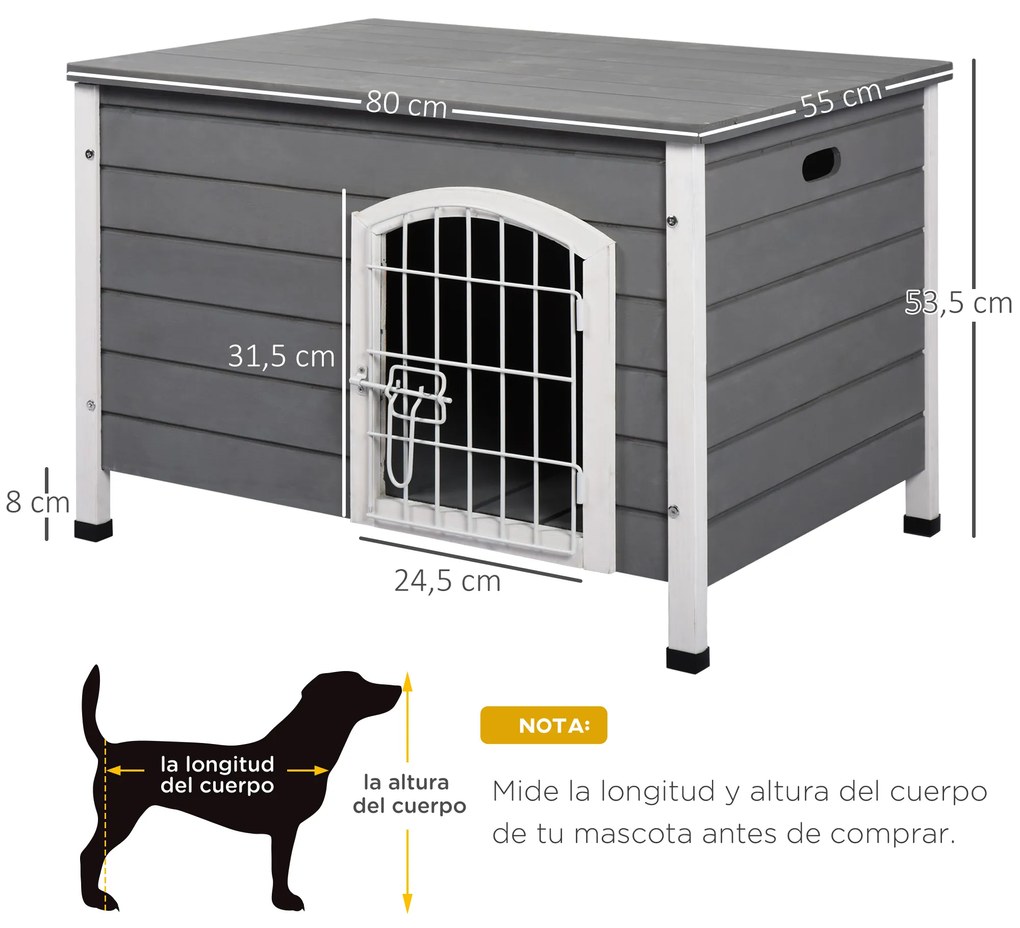 PawHut Casa para Cães de Madeira Gaiola para Animais de Estimação com Porta de Arame com Fechadura e Alças Ocas Laterais para Interior e Exterior 80x55x53,5cm Cinza