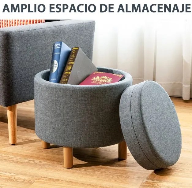 Pufe de arrumação redondo com tabuleiro de arrumação almofadado com arrumação com pernas de madeira antiderrapantes Cinzento