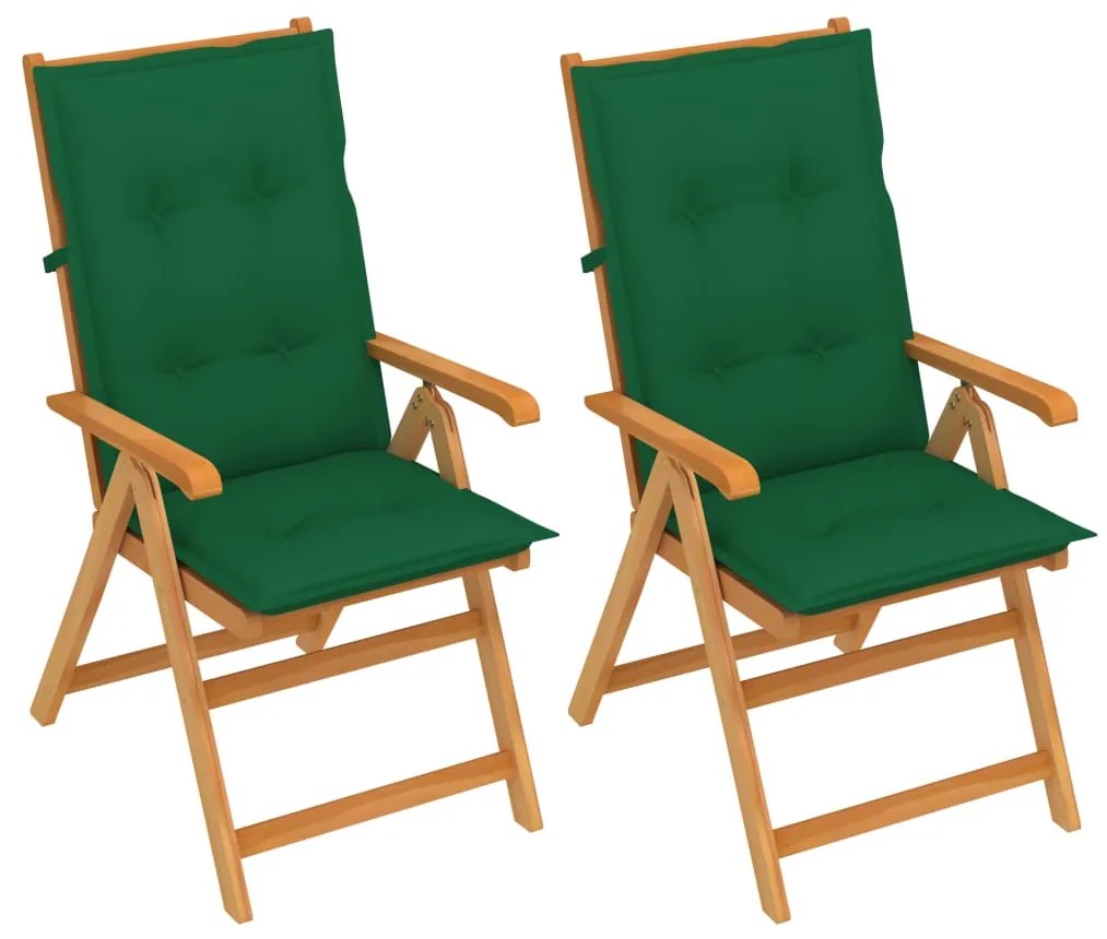 3062396 vidaXL Cadeiras de jardim c/ almofadões verdes 2 pcs teca maciça