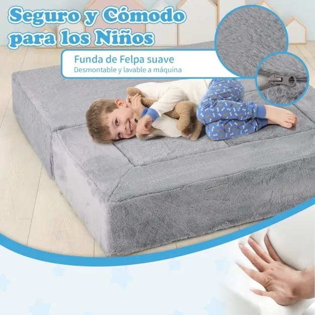 Sofá modular para crianças Sofá-cama convertível de espuma para crianças Sofá dobrável de pelúcia para sala de jogos Quarto de dormir Cinzento