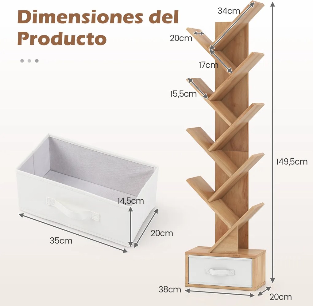 Estante de 9 níveis forma de árvore com gaveta 38 x 21,5 x 149,5 cm natural.