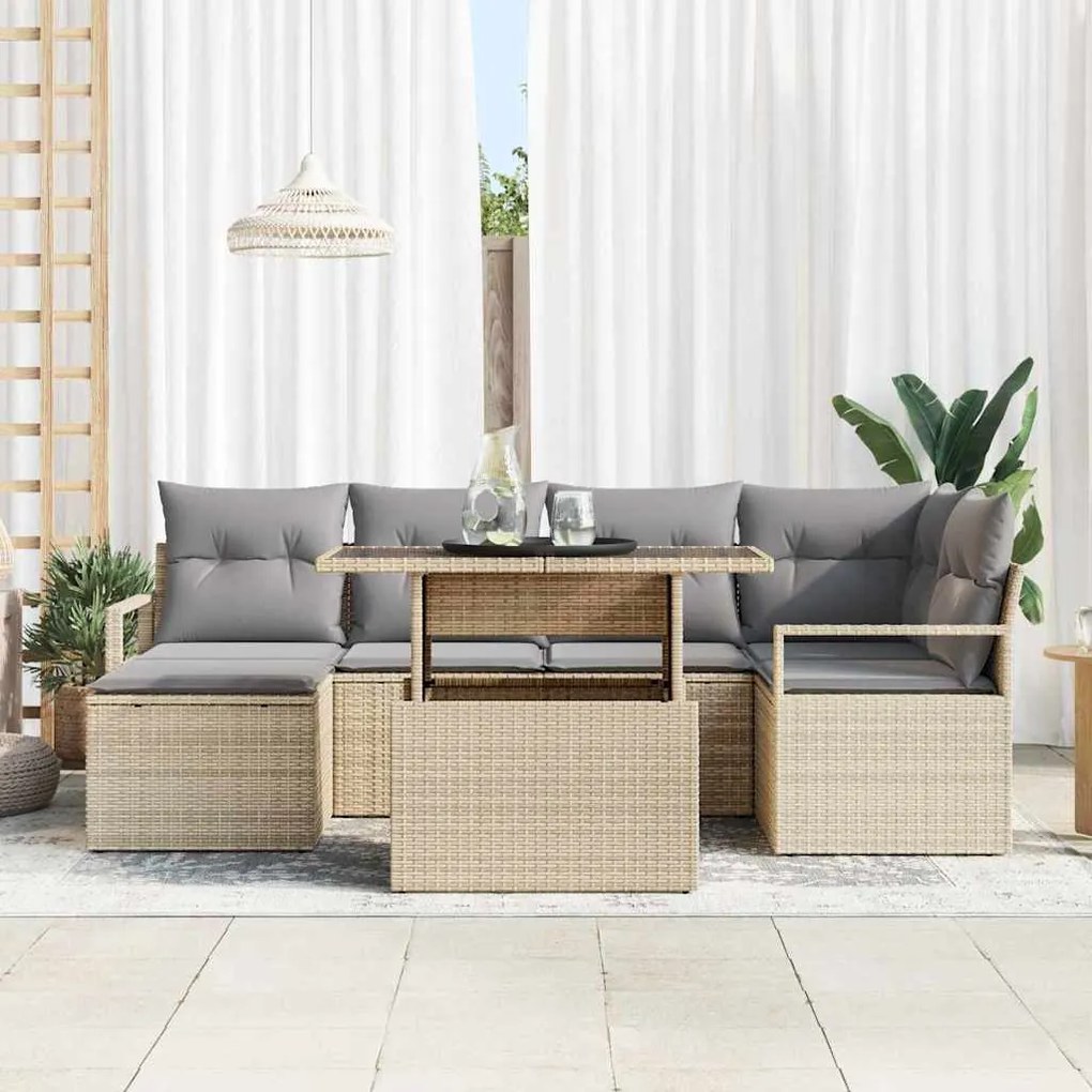 Conjunto de Sofá de Jardim de 7 Peças com Almofadas Bege Rattan Poliés