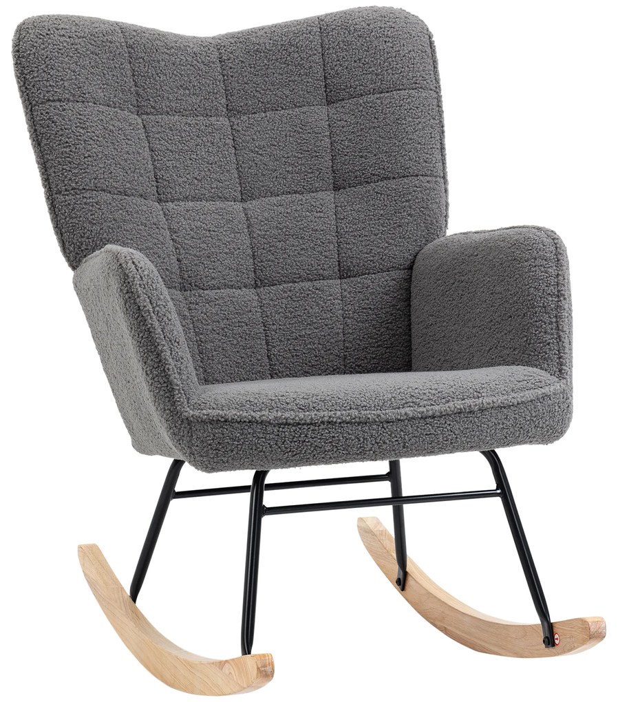 HOMCOM Poltrona Baloiço em Borrego com Oscilação de 40° Pés de Madeira de Faia e Estrutura de Aço 71x92x101 cm Cinzento Escuro
