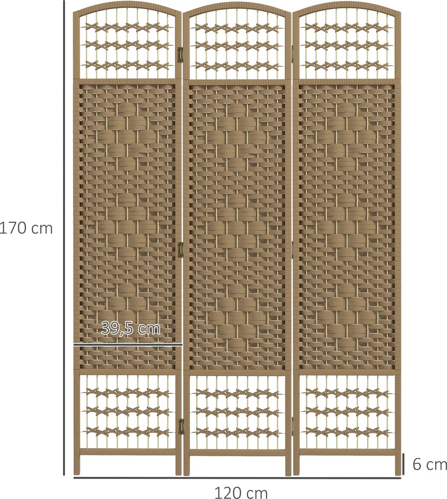 Biombo Separador de Ambientes com 3 Painéis Dobrável em Corda de Papel 120x170 cm Decoração para Quarto Madeira