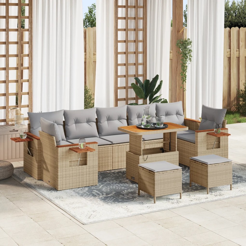 Conjunto de Sofá de Jardim vidaXL de 10 Peças com Almofadas Bege Vime Acácia