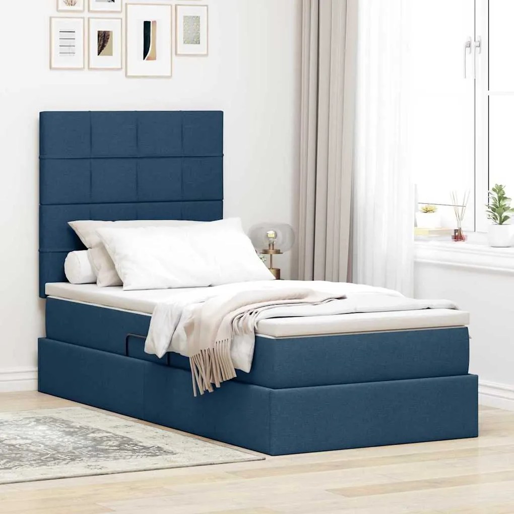 vidaXL Cama com arrumação e LED com colchão Azul 90 x 200 cm Poliéster