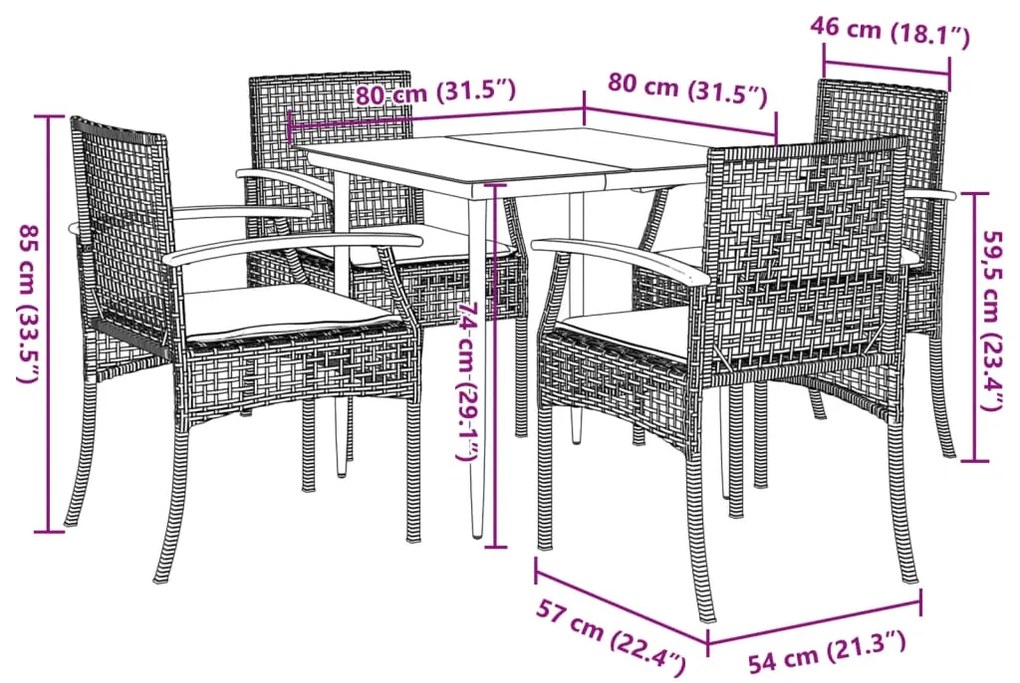 5 pcs conjunto de jantar p/ jardim com almofadões vime PE bege