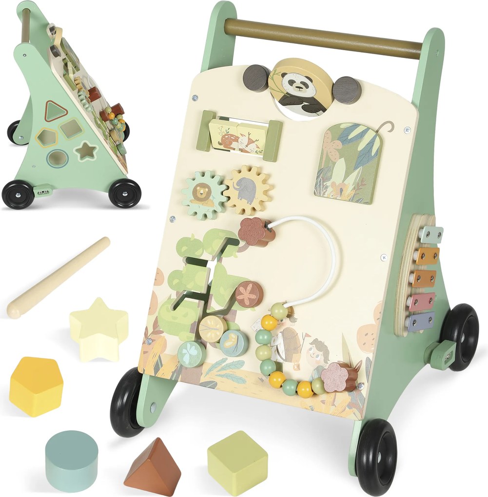 Andador de Madeira para Bebé Centro de Atividades de Aprendizagem Montessori com Controlo de Velocidade com Xilofone 33,5x36x46,8 cm Verde