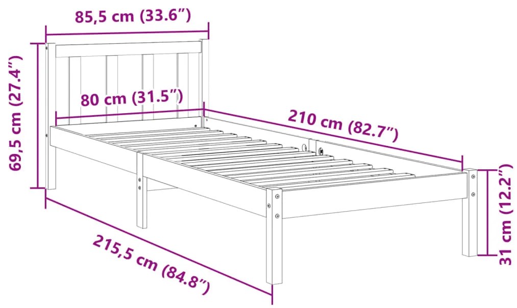 Cama extra longa sem colchão 80x210 cm pinho maciço branco