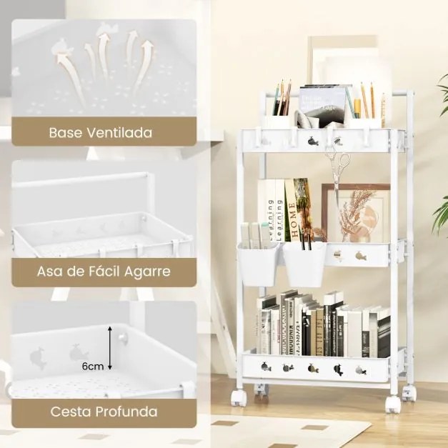 Carrinho de arrumação de 3 níveis com 2 copos suspensos 4 ganchos Barra de pega para a sala de estar Quarto Branco