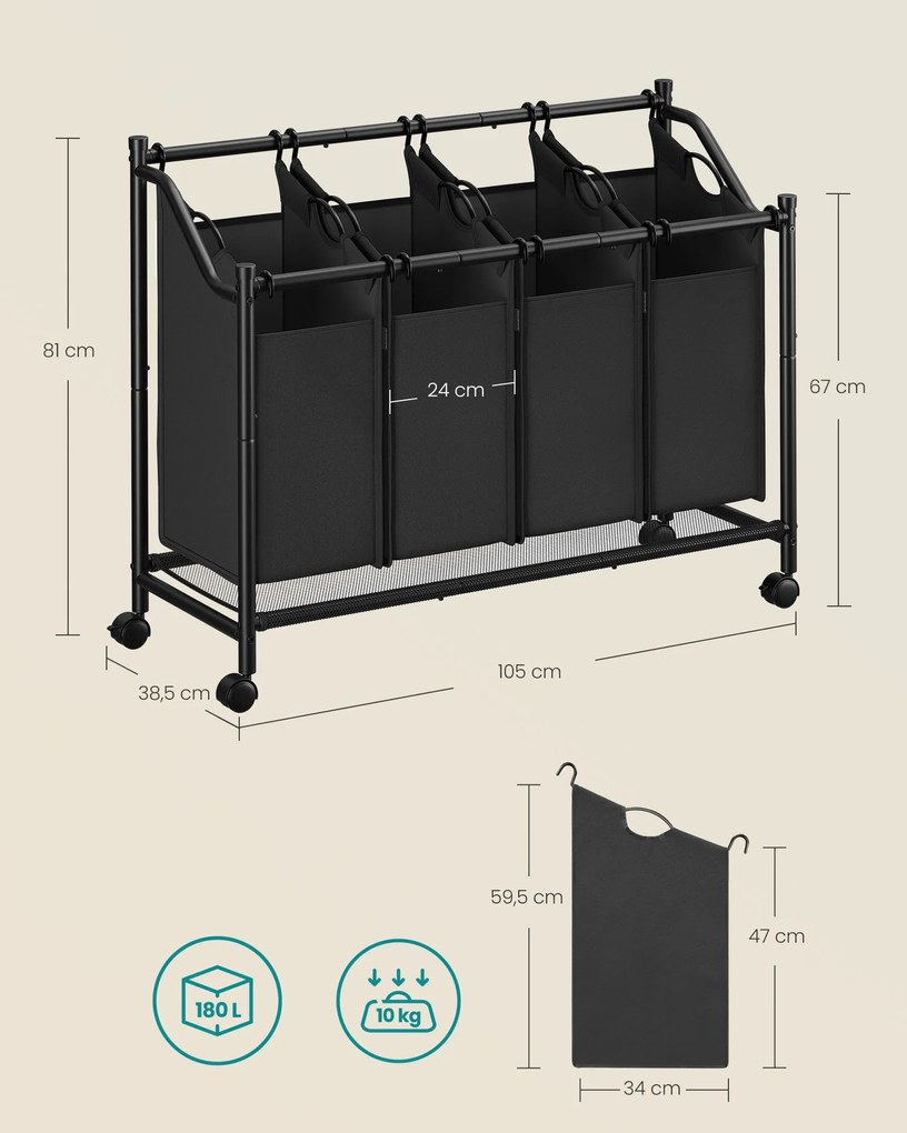 Cesto da roupa suja 105 x 38,5 x 67/81 cm com rodas 4 x 45 L Preto