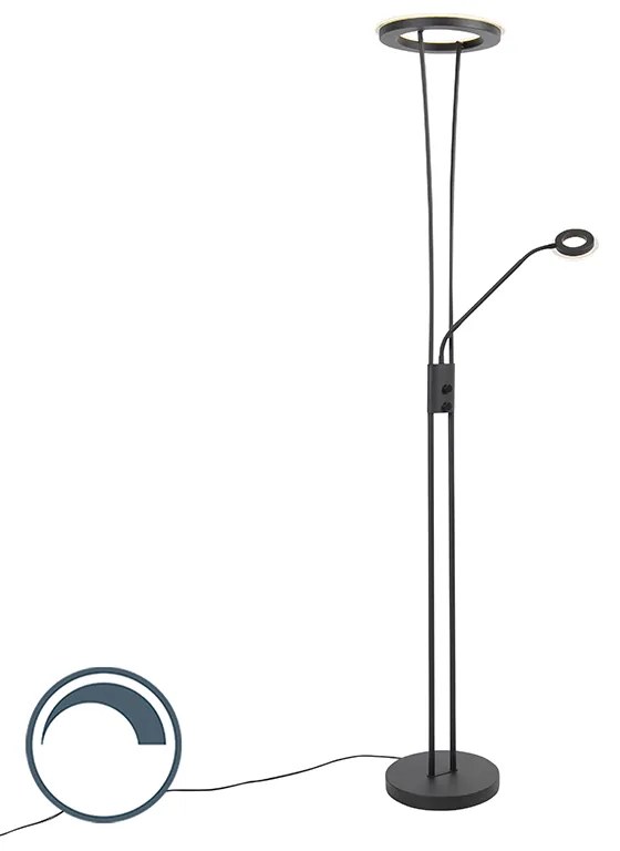 Candeeiro de pé moderno preto com LED e braço de leitura - Divine