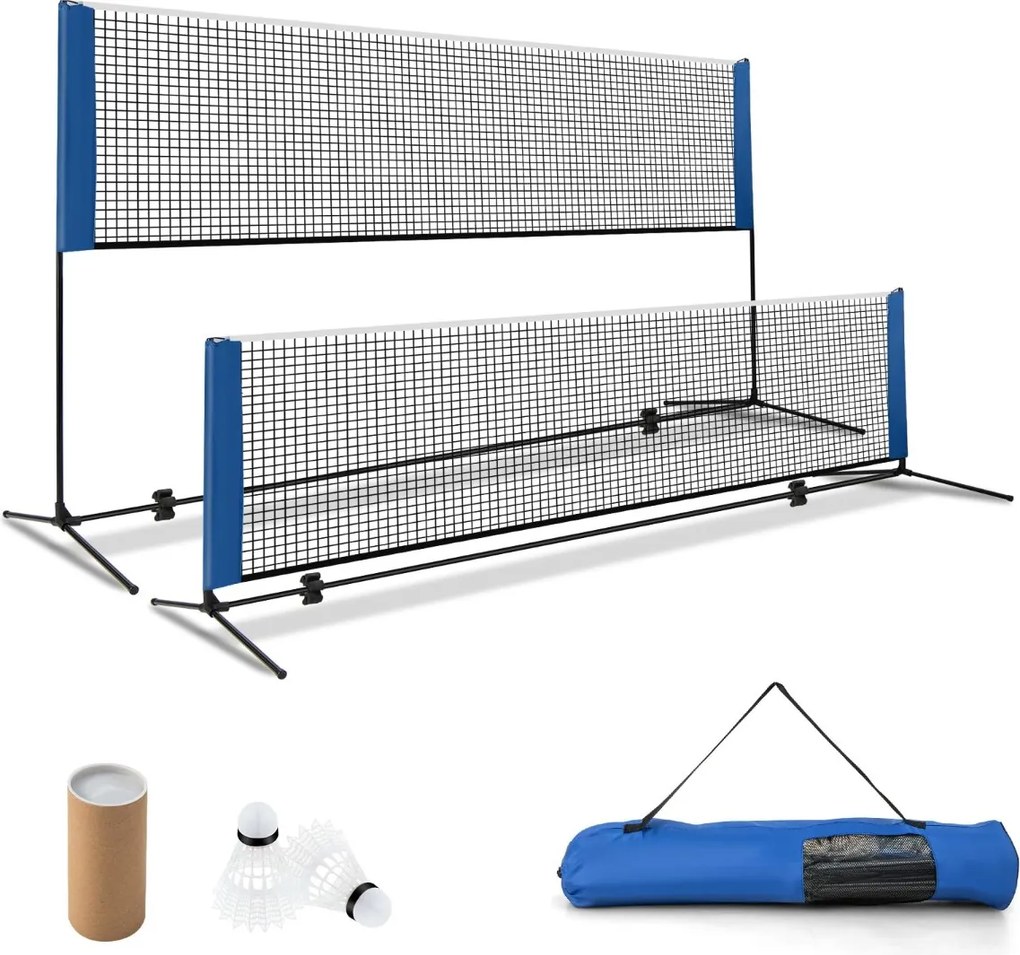Rede de badminton 310 cm portátil ajustável em altura com postes, bolsa de transporte e 2 penas para interior e exterior azul.