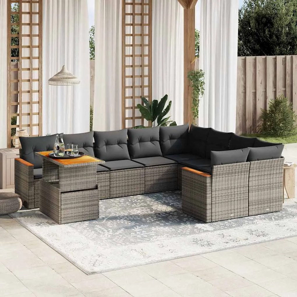10 pcs conjunto sofás de jardim c/ almofadões vime PE cinzento