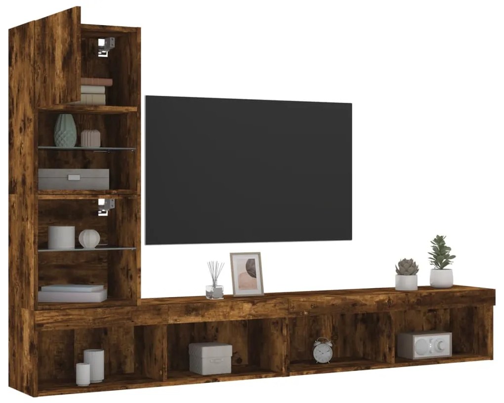 3216644 vidaXL 4pcs móveis parede p/ TV c/ LEDs deriv. madeira carvalho fumado