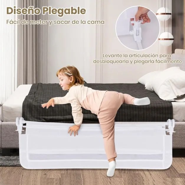 Barreira de Cama para Crianças Dobrável de 120 cm com Capa Removível e Lavável e Correia de Segurança Branca