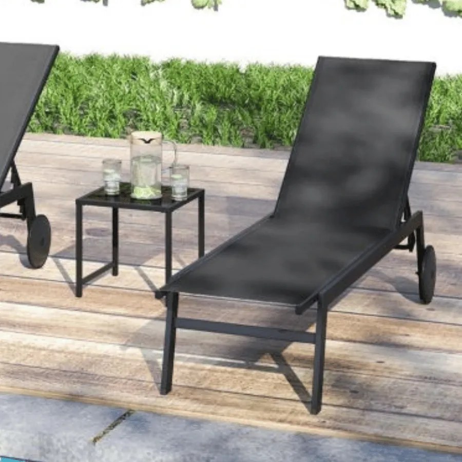 Conjunto de Espreguiçadeira jardim e Mesa de vidro temperado com Encosto ajustável com Rodas para jardim e exterior Cinzenta e Preto