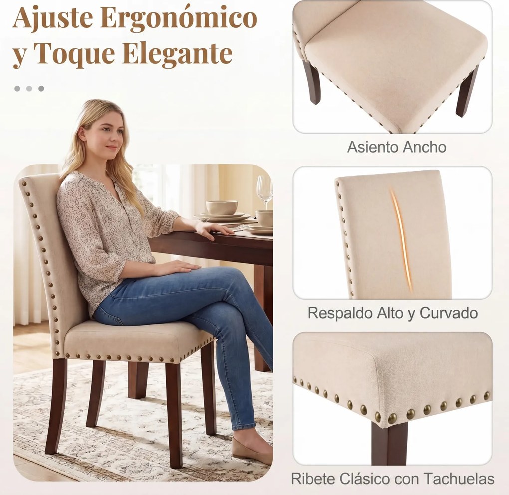 Conjunto de 2 Cadeiras de Jantar Estofadas, 44,5 x 67 x 96 cm, Assento Acolchoado, Bege