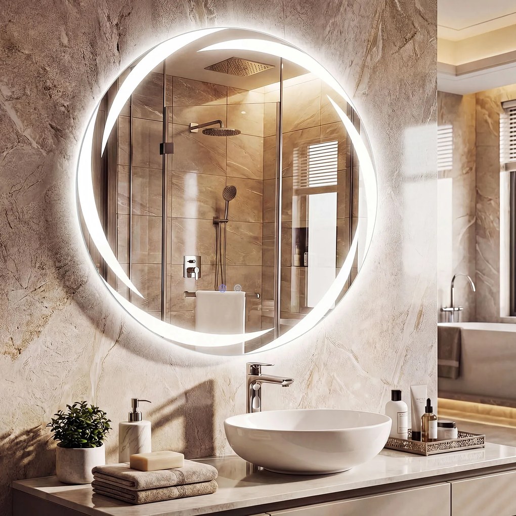 Espelho LED redondo de 80 cm para casa de banho, com luzes em 3 cores, antiembaciamento e luz traseira regulável, prateado