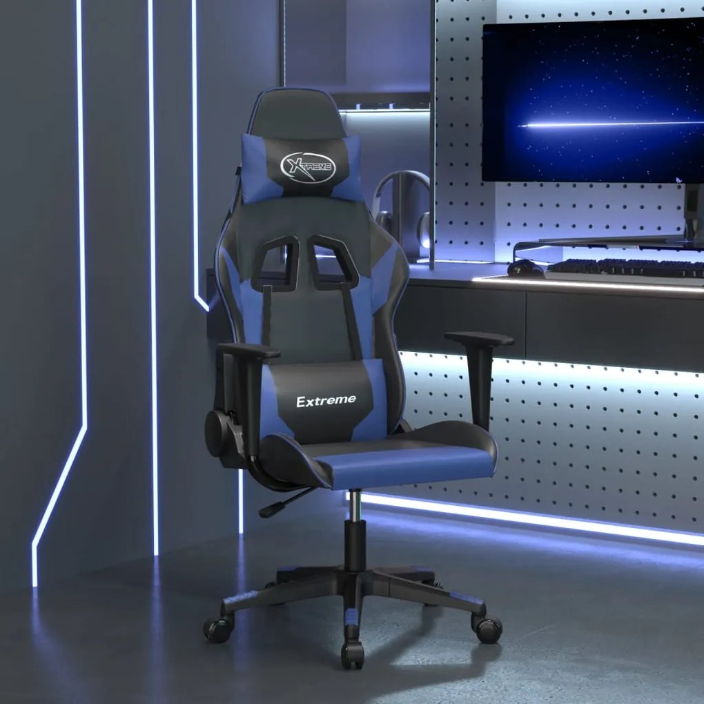 vidaXL Cadeira gaming de massagens couro artificial preto e azul