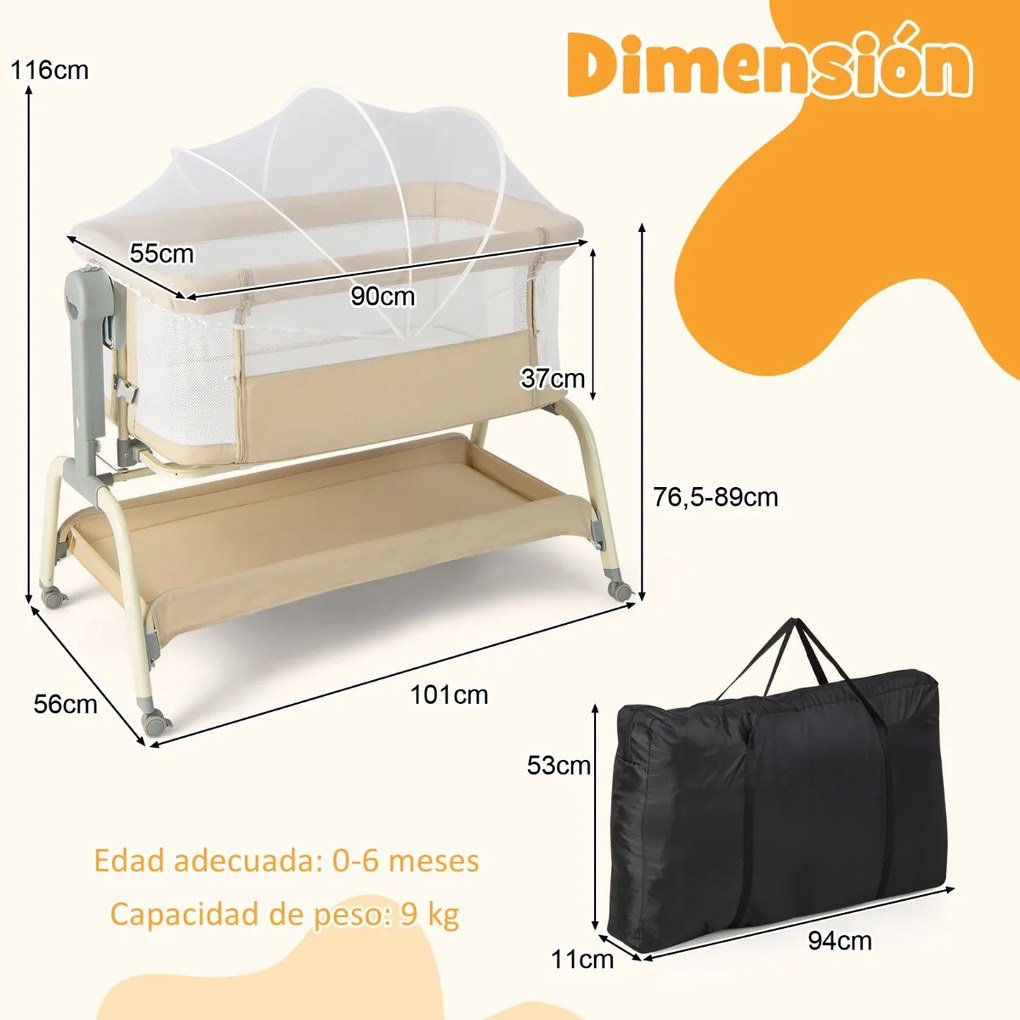 Berço de viagem para bebés com rede Altura ajustável Colchão Rede Cesto de armazenamento e rodas 101 x 56 x 89 cm Bege