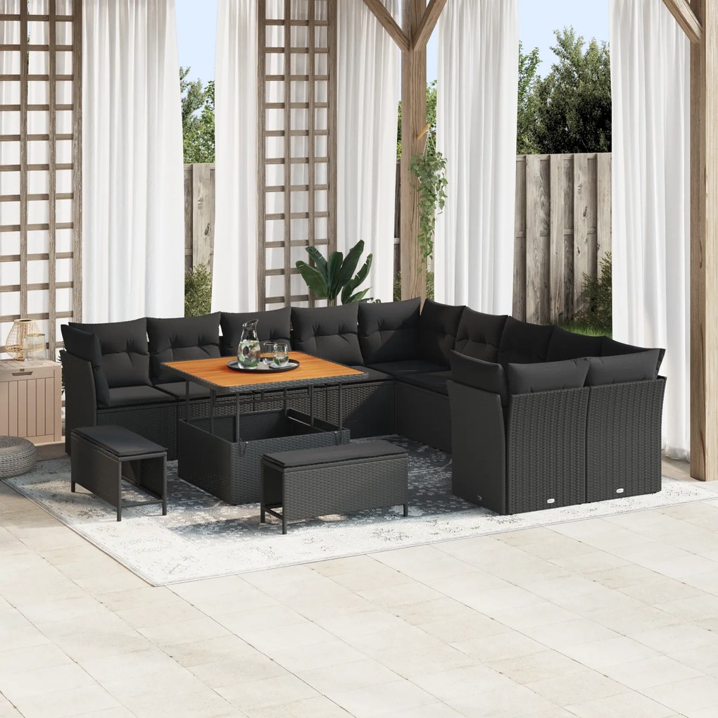 Conjunto de Sofá para Jardim vidaXL 13 Peças com Almofadas Preto Polirattan Acácia