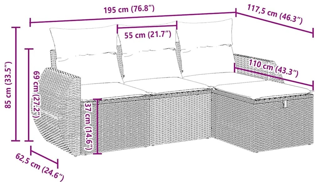 4 pcs conj. sofás jardim c/ almofadões vime PE cinzento-claro