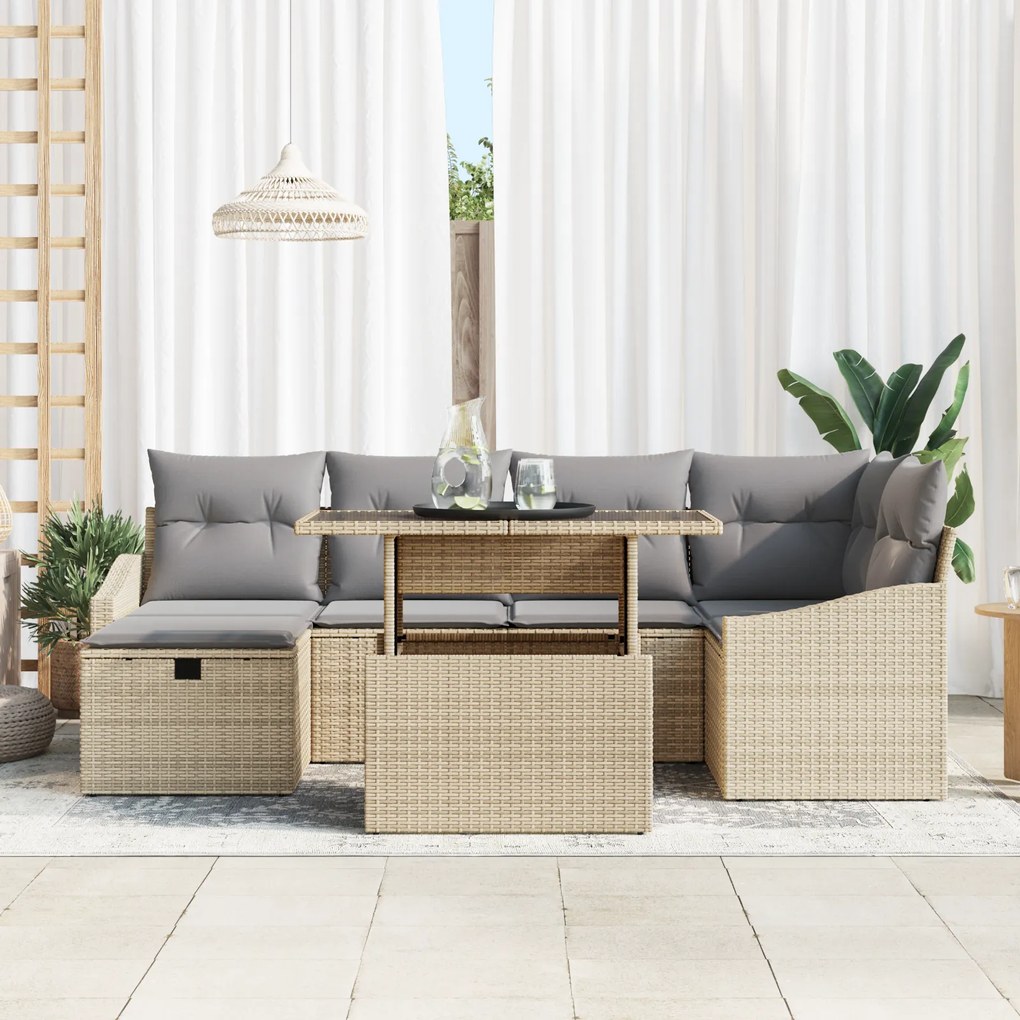 Conjunto de Sofás de Jardim de 7 Peças com Almofadas Bege Rattan Poli