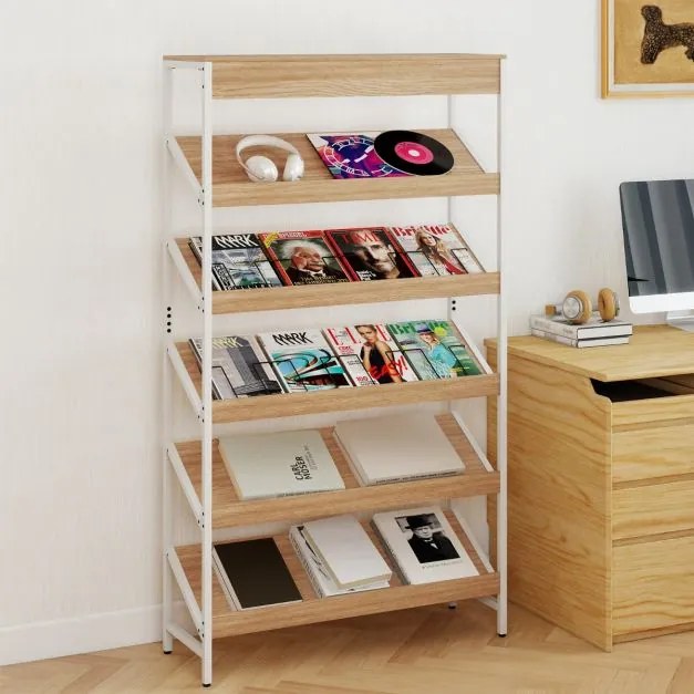 Estante de 6 níveis 90 x 30 x 161 cm inclinada com estrutura metálica resistente de madeira natural