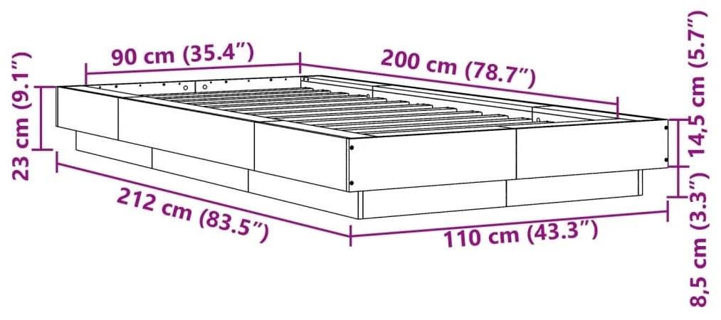 Estrutura de cama 90x200 cm derivados de madeira cinza sonoma